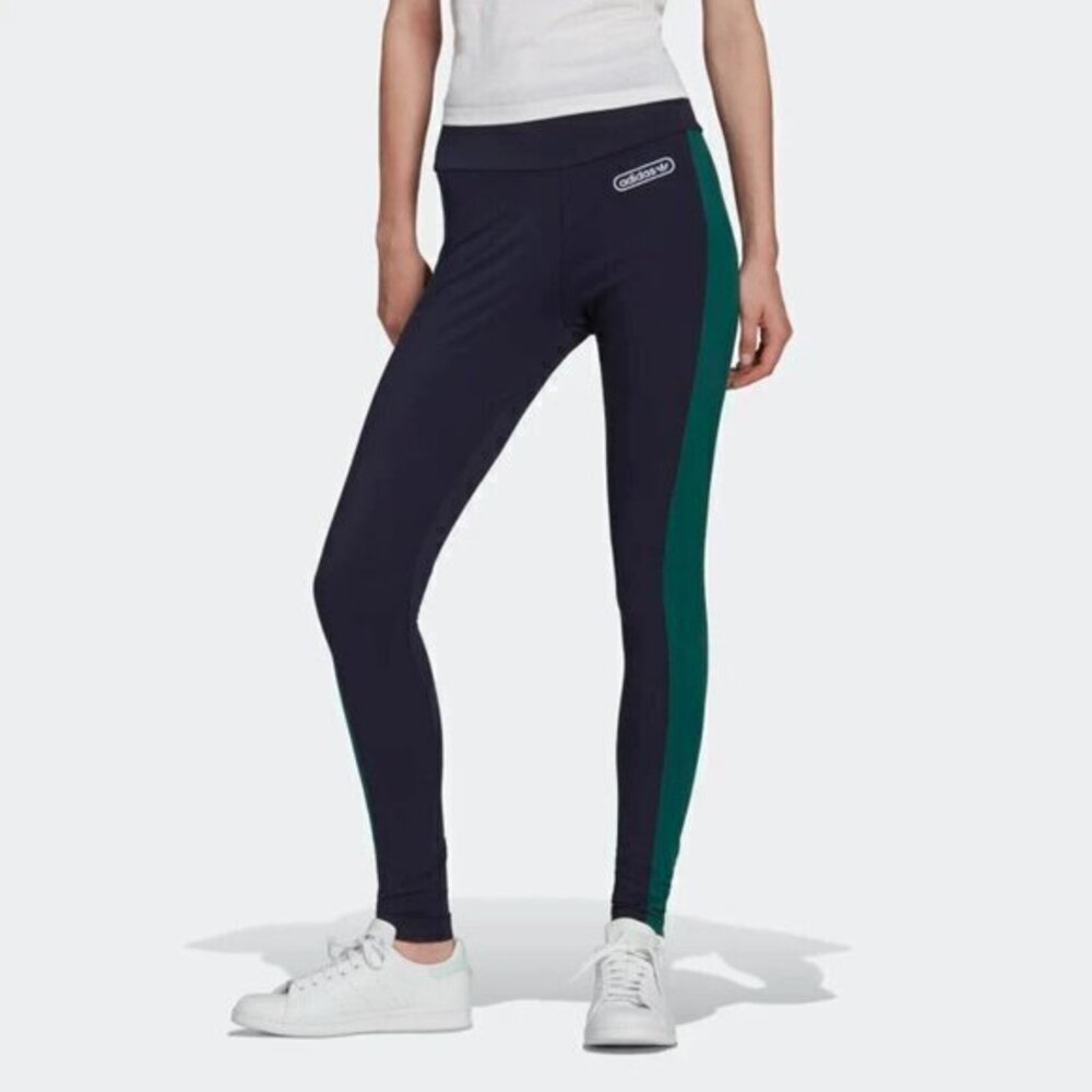 ADIDAS Womens Originals RETRO LUXURY LEGGINGS Legend Ink / Collegiate Green Sz S